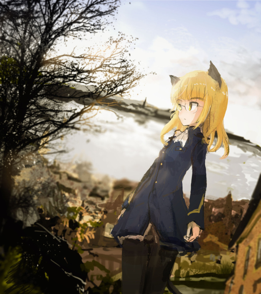 1girl, animal_ears, ascot, bare_tree, blonde_hair, breasts, cat_ears, cat_tail