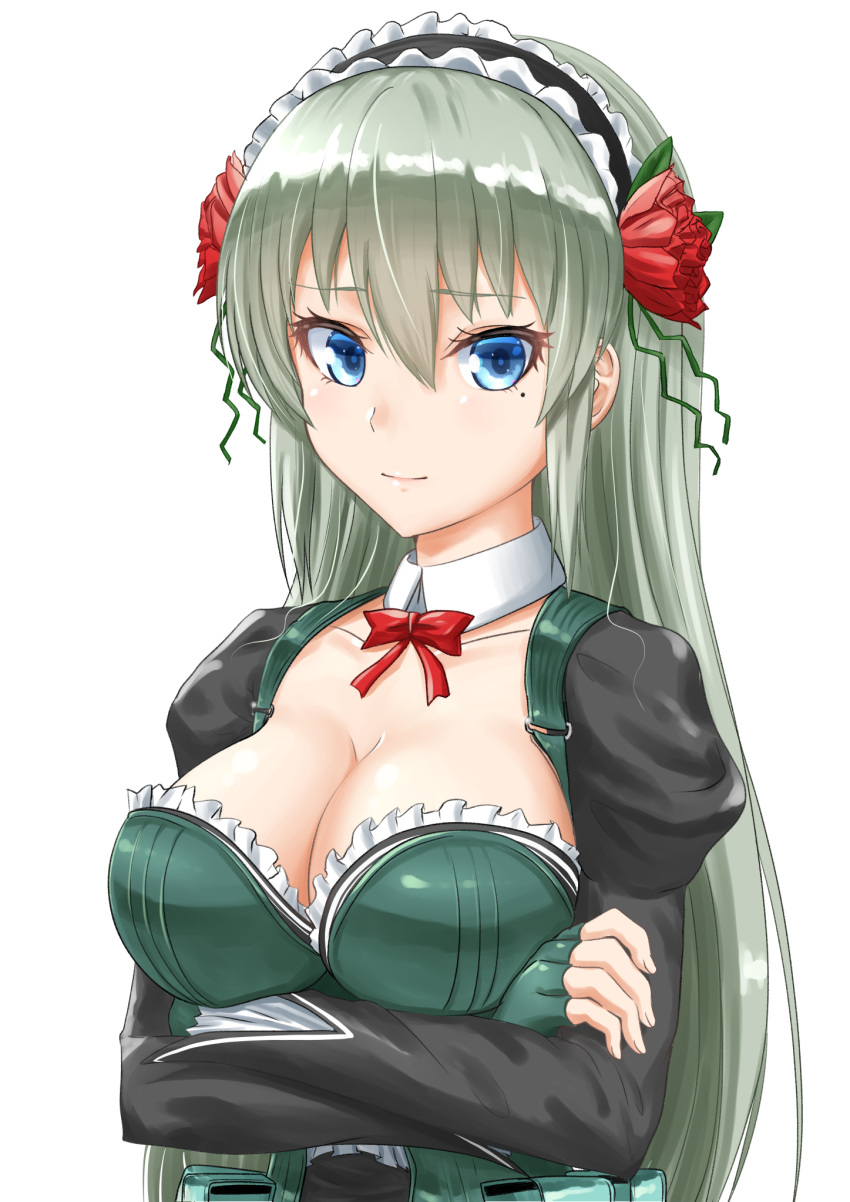 1girl, blue_eyes, blush, breasts, choker, cleavage, collarbone, crossed_arms