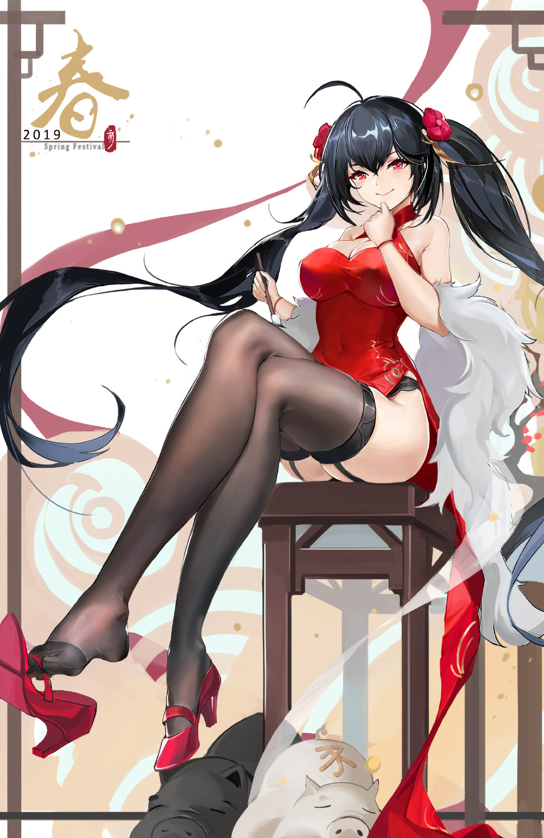 1girl, 2019, ahoge, alternate_hairstyle, azur_lane, black_hair, black_legwear, breasts