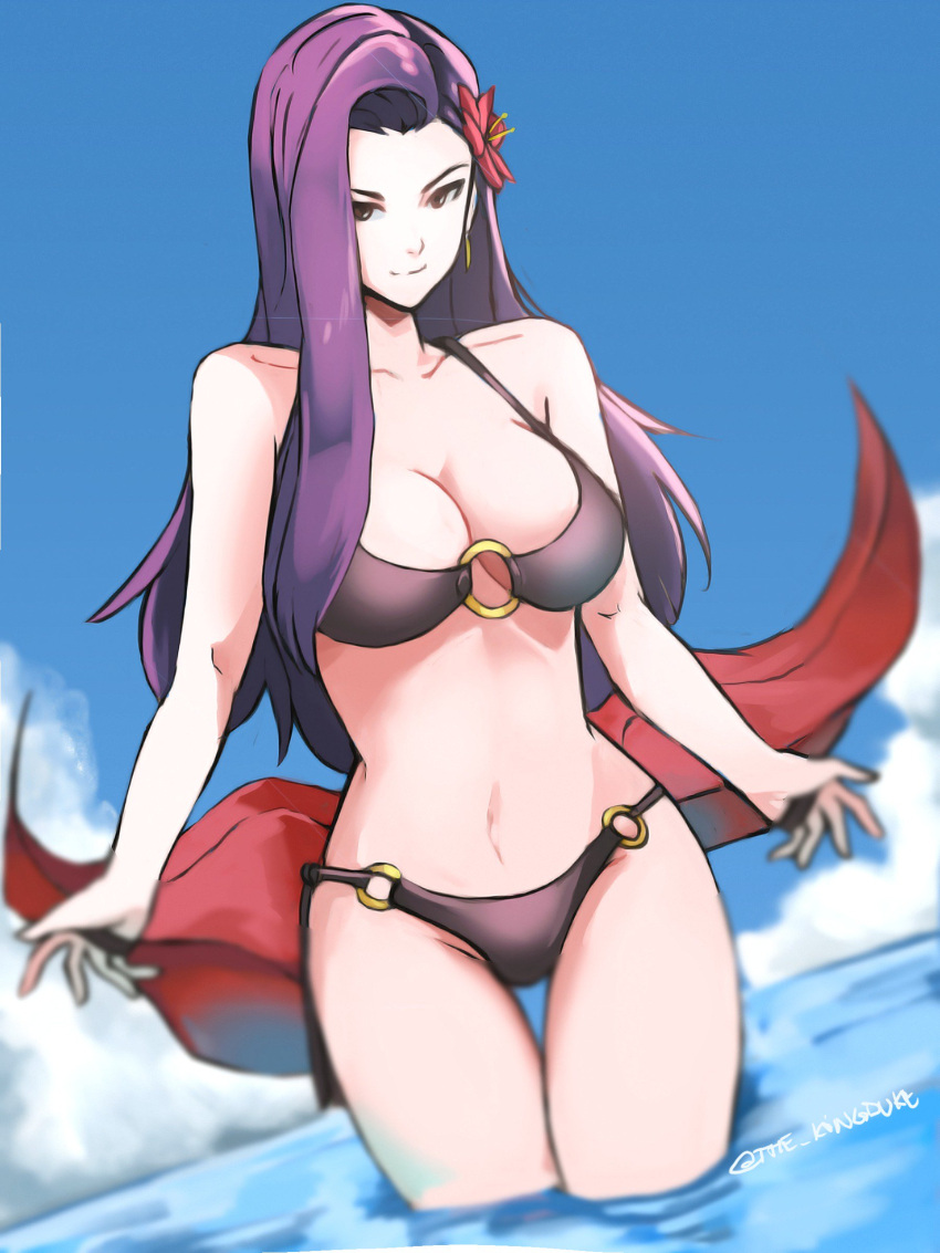 1girl, absurdres, bikini, black_bikini, blue_sky, breasts, cleavage, closed_mouth