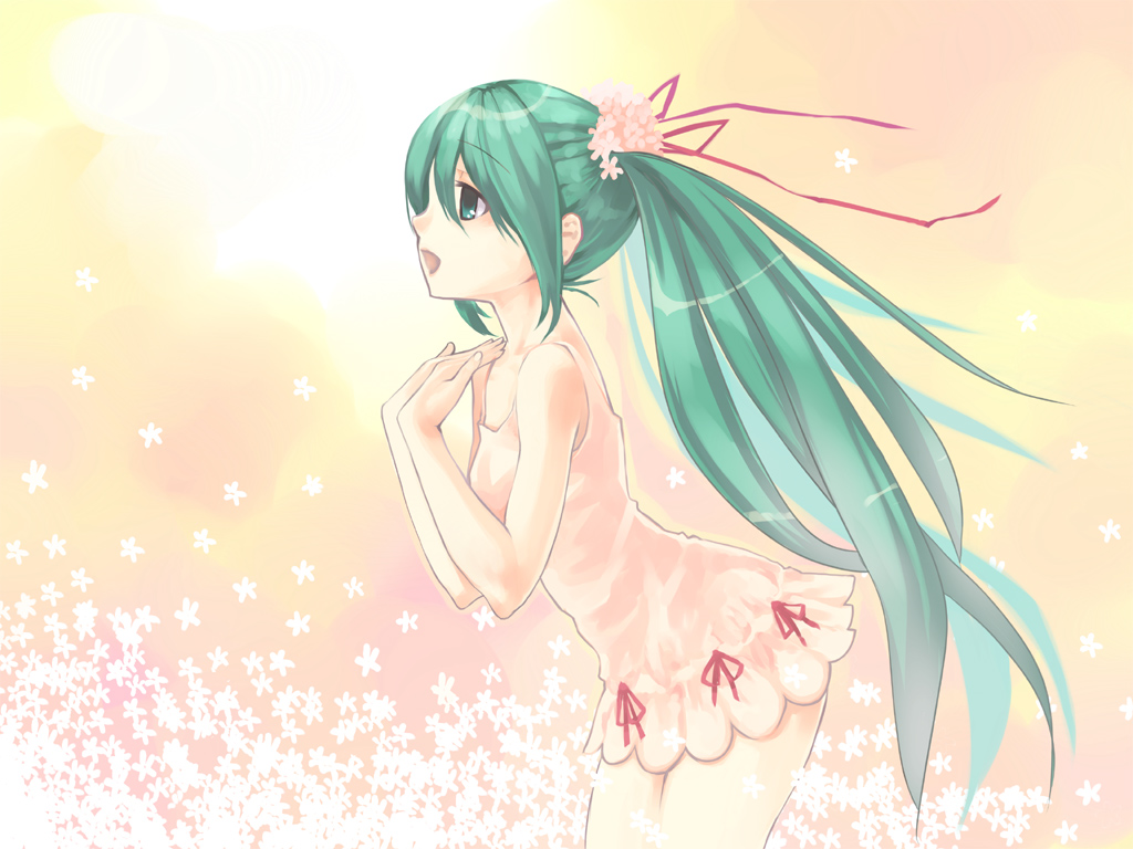flower, gk, green_eyes, green_hair, hatsune_miku, long_hair, open_mouth, singing, twintails, vocaloid