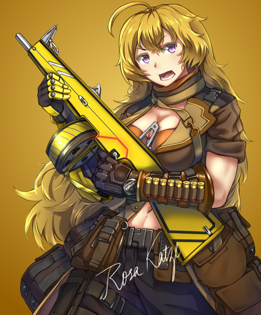 1girl, adapted_costume, ahoge, alternate_weapon, baggy_pants, bandolier, belt_pouch, black_gloves, blonde_hair, breasts, cleavage, drum_magazine, gloves, gun, highres, huge_ahoge, large_breasts, long_hair, military_operator, navel, pants, pouch, prosthesis, prosthetic_arm, rosakatze, rwby, shotgun, shotgun_shells, single_glove, sleeves_rolled_up, solo, toned, violet_eyes, wavy_hair, weapon, yang_xiao_long