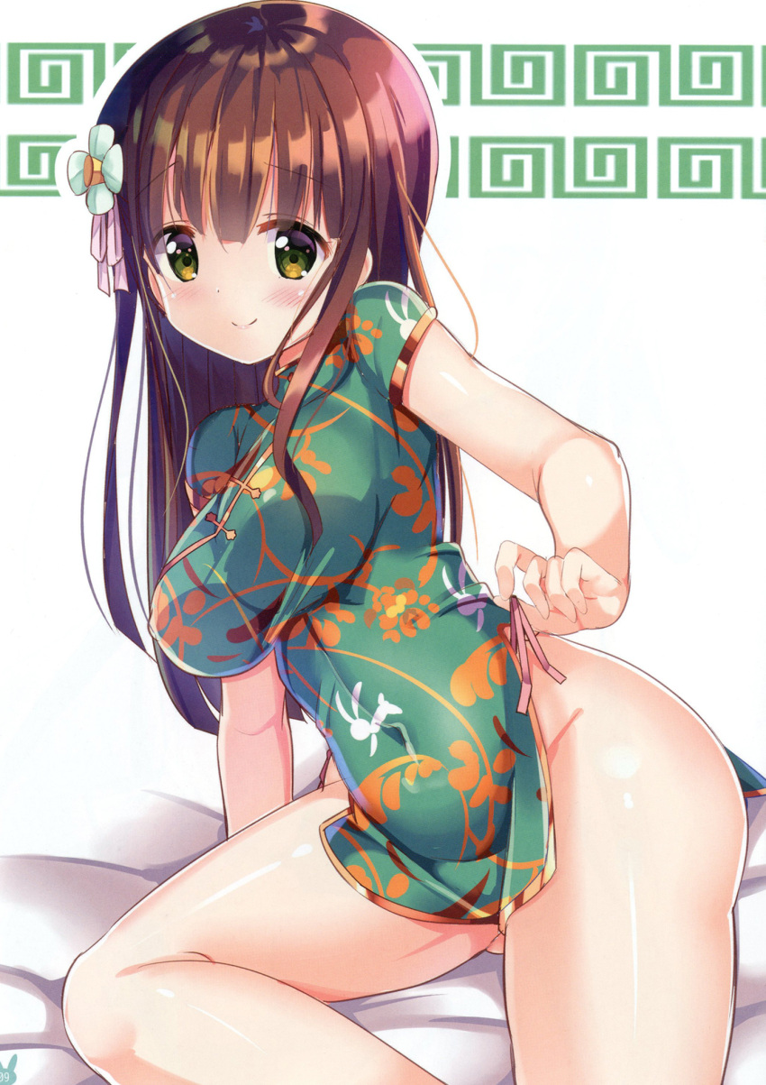 1girl, animal_print, arm_support, bangs, blush, brown_hair, bunny_print, china_dress