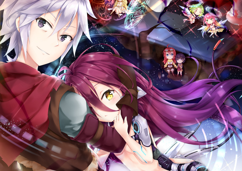 >_<, 1boy, 6+girls, :<, :3, ahoge, android, angel_wings