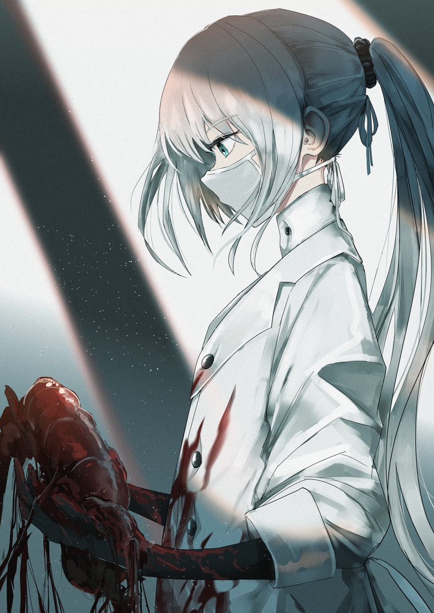 1girl, bangs, black_scrunchie, blood, bloody_clothes, bloody_hands, blue_eyes, eyebrows_visible_through_hair, floating_hair, from_side, grey_hair, hair_ornament, hair_scrunchie, highres, holding_organ, light_particles, long_hair, looking_at_hands, original, ponytail, scrunchie, sidelocks, sleeves_folded_up, surgical_mask, swav, white_coat