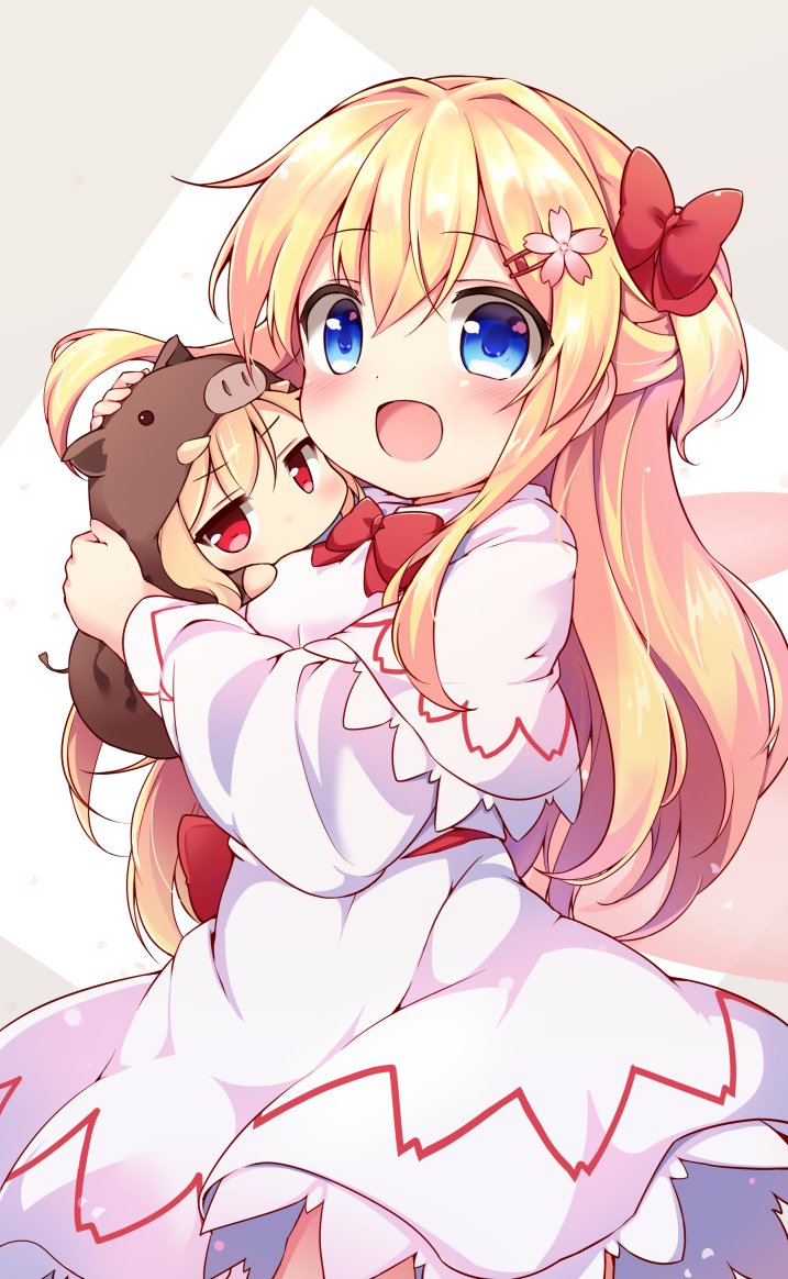 2girls, animal_costume, baku-p, blonde_hair, blue_eyes, boar_costume, bow, chibi, commentary_request, dress, flower, hair_bow, hair_flower, hair_ornament, hairclip, hug, lily_black, lily_white, long_hair, multiple_girls, open_mouth, red_eyes, ribbon, smile, touhou, white_dress