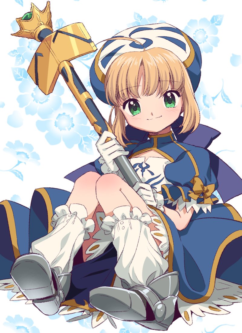 1girl, adapted_costume, ahoge, artoria_pendragon_(all), blonde_hair, bow, card_captor_sakura, closed_mouth, fate/stay_night, fate_(series), floral_background, gloves, green_eyes, hat, magical_girl, noko_morokoshi, parody, patterned_background, puffy_short_sleeves, puffy_sleeves, saber, short_sleeves, sidelocks, sitting, solo, wand, white_background, white_gloves, white_legwear, yellow_bow