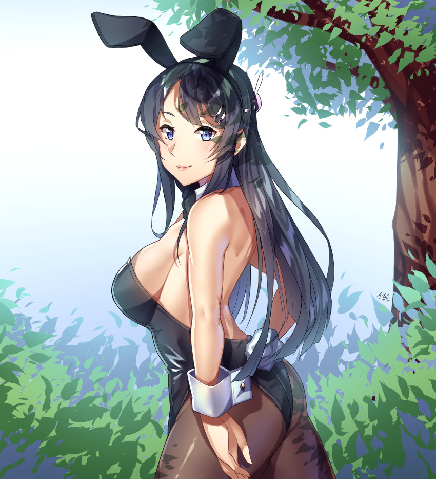 1girl, animal_ears, ass, black_hair, black_legwear, black_leotard, black_neckwear, bow, bowtie, bunny_tail, bunnysuit, bush, cowboy_shot, detached_collar, highres, leotard, lips, long_hair, looking_at_viewer, matthew_(yourcupofkohi), pantyhose, rabbit_ears, sakurajima_mai, seishun_buta_yarou, solo, strapless, strapless_leotard, tail, tree, violet_eyes, wrist_cuffs