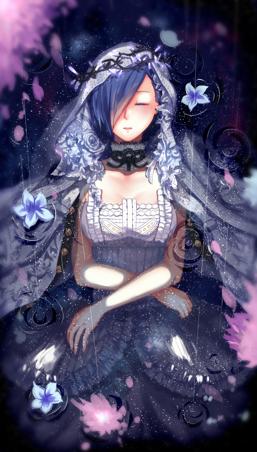 1girl, alternate_costume, bare_arms, bare_shoulders, black_neckwear, blue_hair, blurry, breasts