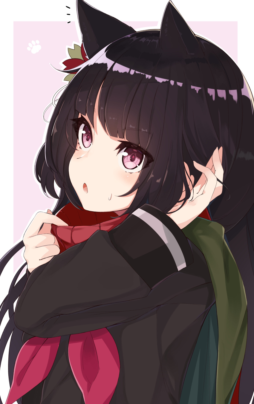1girl, :o, absurdres, animal_ears, bangs, black_hair, black_shirt, cape