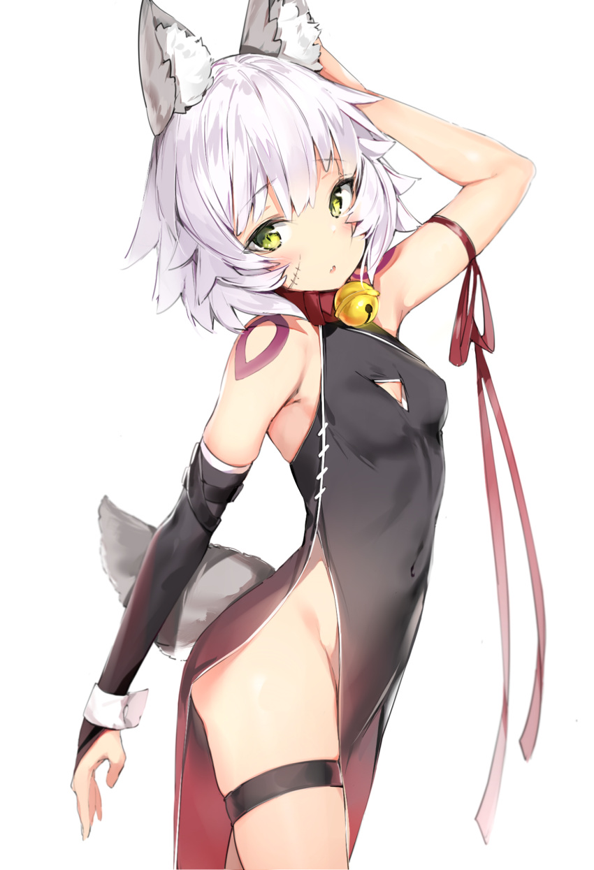 1girl, animal_ear_fluff, animal_ears, arm_up, bangs, bare_shoulders, bell, bell_collar