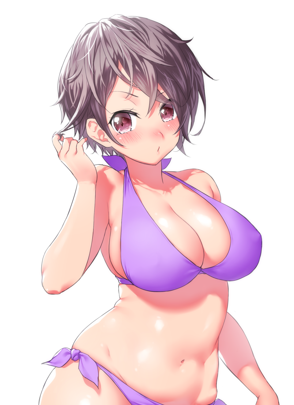 1girl, bikini, blush, breasts, cleavage, closed_mouth, commentary_request, eyebrows_visible_through_hair, eyes_visible_through_hair, grey_hair, hair_between_eyes, halter_top, halterneck, hand_in_hair, hand_up, highres, large_breasts, looking_at_viewer, messy_hair, navel, onsoku_maru, original, plump, purple_bikini, shiny, shiny_skin, short_hair, side-tie_bikini, side-tie_bottom, simple_background, solo, swimsuit, violet_eyes, white_background