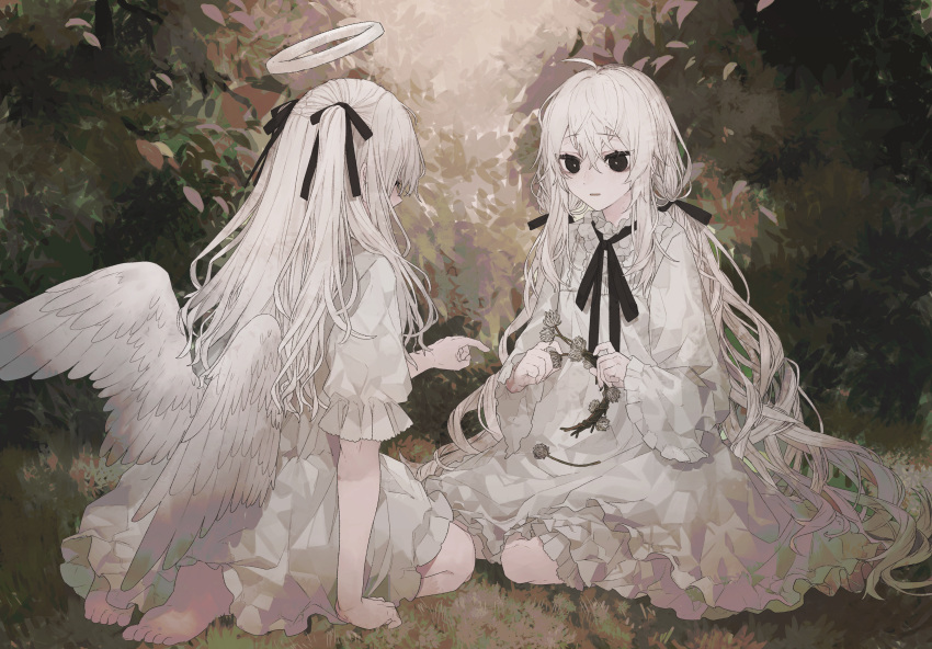 2girls, absurdres, ahoge, angel, angel_wings, bangs, barefoot, black_eyes, black_neckwear, black_ribbon, bush, commentary_request, denki_ryu, dress, feathered_wings, frilled_sleeves, frills, hair_between_eyes, hair_ribbon, hairband, halo, highres, holding, long_hair, long_sleeves, multiple_girls, neck_ribbon, original, outdoors, parted_lips, ribbon, seiza, short_sleeves, silver_hair, sitting, two_side_up, very_long_hair, wavy_hair, white_dress, wide_sleeves, wings