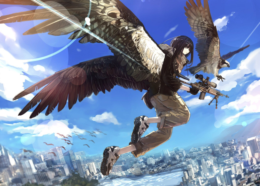1girl, bird, black_hair, cityscape, commentary, fingerless_gloves, flying, gloves