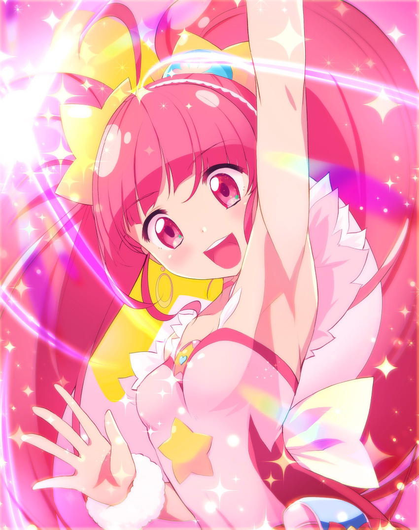 1girl, :d, ahoge, arm_up, armpits, bangs, blunt_bangs, brooch
