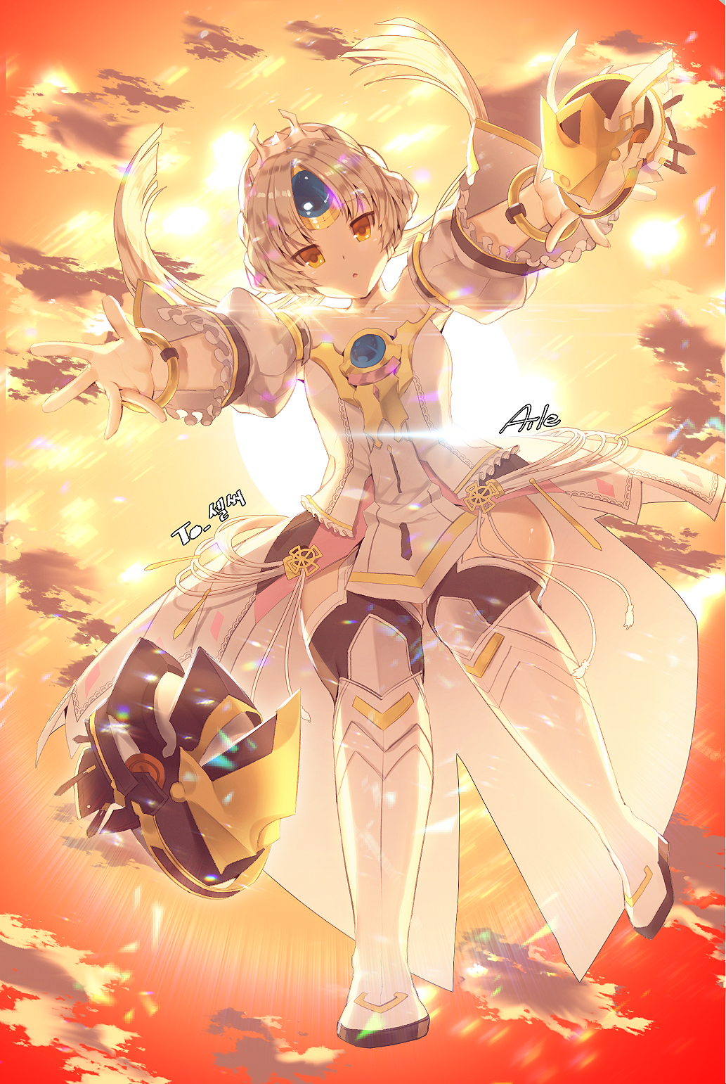 1girl, aile_(crossroads), artist_name, bare_shoulders, black_legwear, boots, code:_empress_(elsword), dress