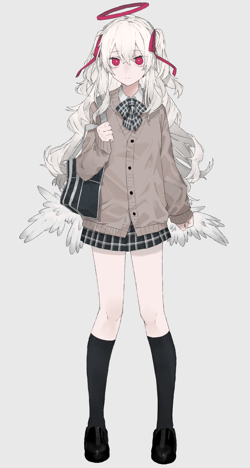 1girl, absurdres, angel_wings, bag, bangs, black_footwear, black_legwear, black_neckwear