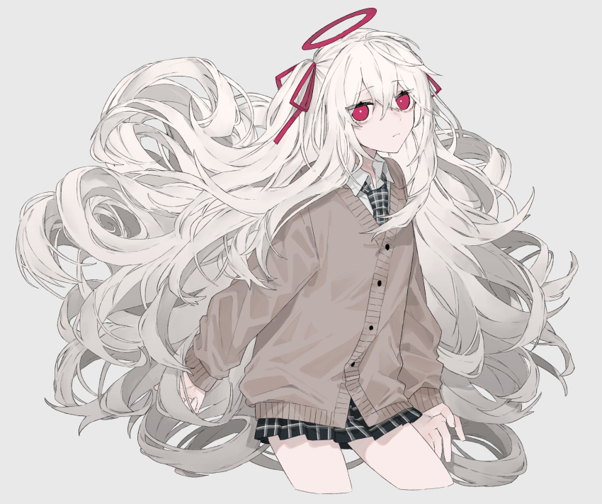 1girl, absurdres, black_neckwear, black_skirt, brown_cardigan, buttons, closed_mouth, collared_shirt
