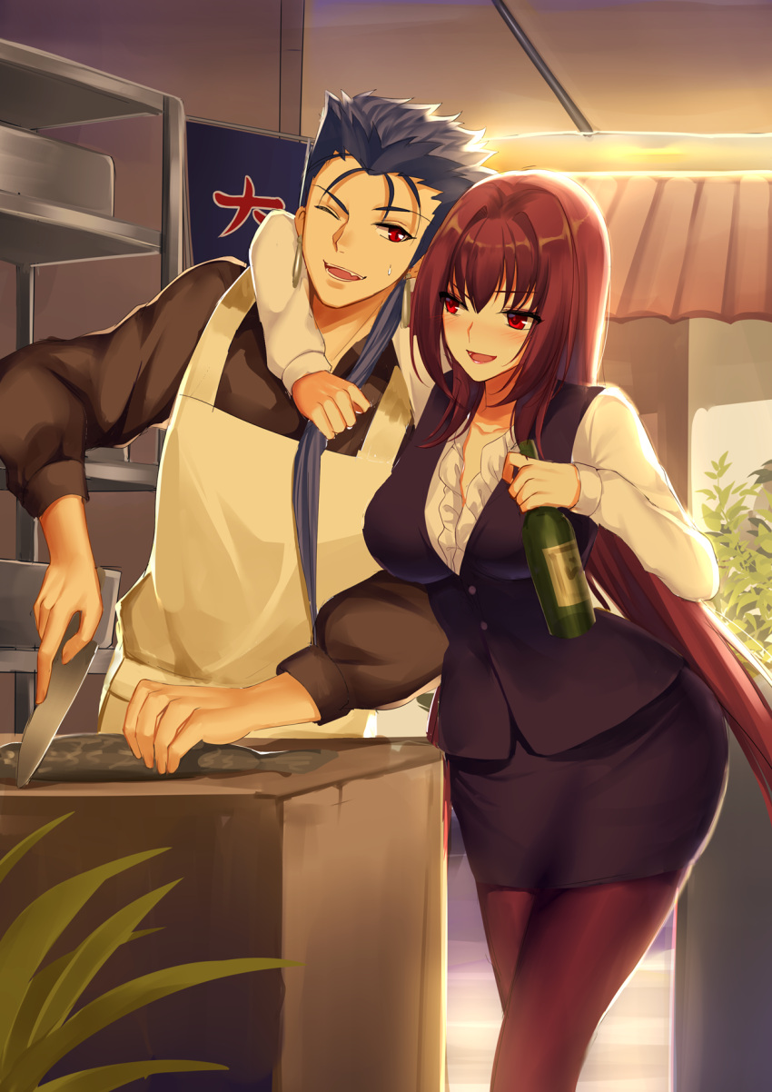 1boy, 1girl, apron, black_skirt, blue_hair, bottle, breasts, contemporary, cowboy_shot, cu_chulainn_(fate)_(all), earrings, emiya-san_chi_no_kyou_no_gohan, fate/grand_order, fate_(series), fish, frills, hair_strand, highres, jewelry, k.k_(pixiv), knife, lancer, large_breasts, leaf, long_hair, one_eye_closed, pantyhose, pencil_skirt, ponytail, purple_hair, purple_legwear, red_eyes, scathach_(fate)_(all), scathach_(fate/grand_order), skirt, smile, white_apron