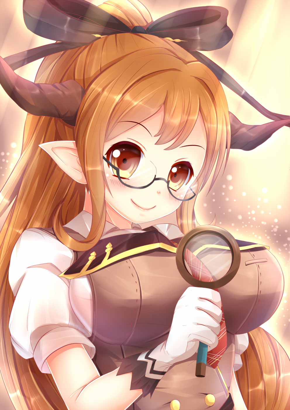 1girl, blush, bow, breasts, brown_vest, draph, glasses, gloves