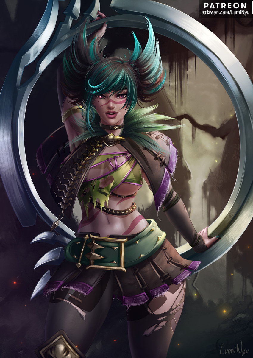 1girl, artist_name, asymmetrical_underboob, belt, breasts, chakram, choker, feathers