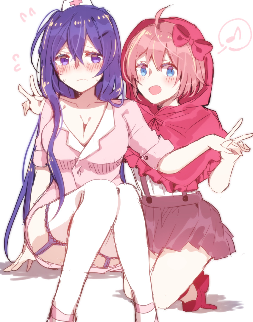 2girls, :d, ahoge, az_37331m, blue_eyes, blush, bow, breasts