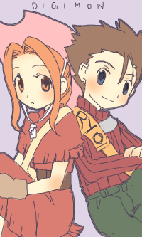 1girl, akiyama_ryou, back-to-back, bag, belt, blue_eyes, blush, brown_hair