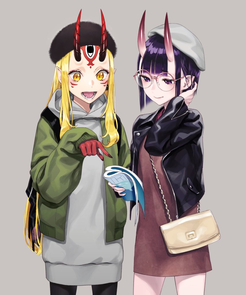 2girls, alternate_costume, backpack, bag, bespectacled, bob_cut, facial_mark, fate/grand_order