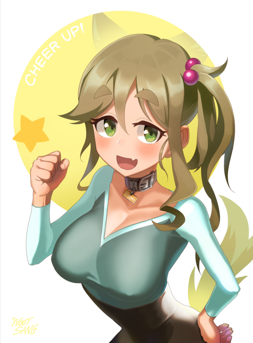1girl, alternate_costume, asymmetrical_hair, blush, breasts, brown_hair, choker, cleavage