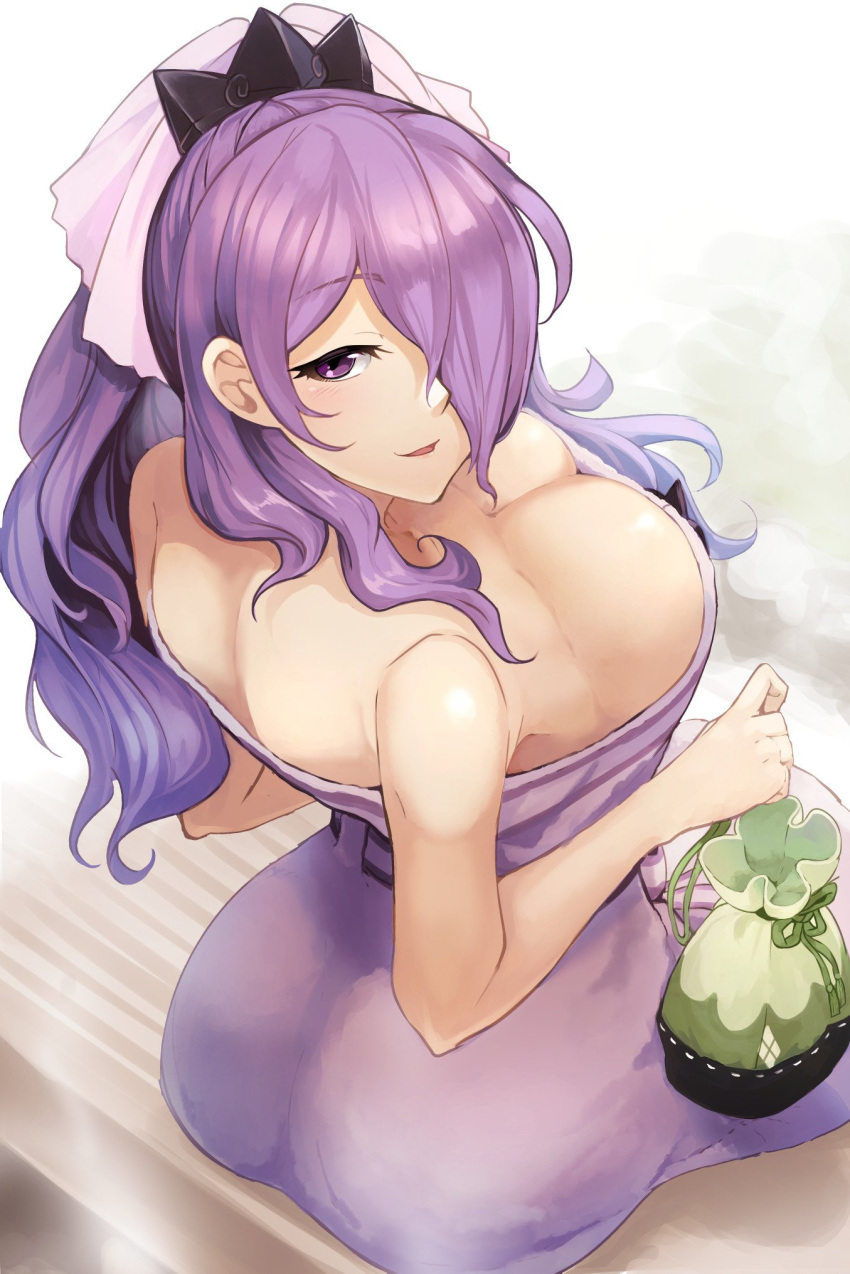 1girl, ass, bare_shoulders, bow, breasts, camilla_(fire_emblem_if), cleavage, dress