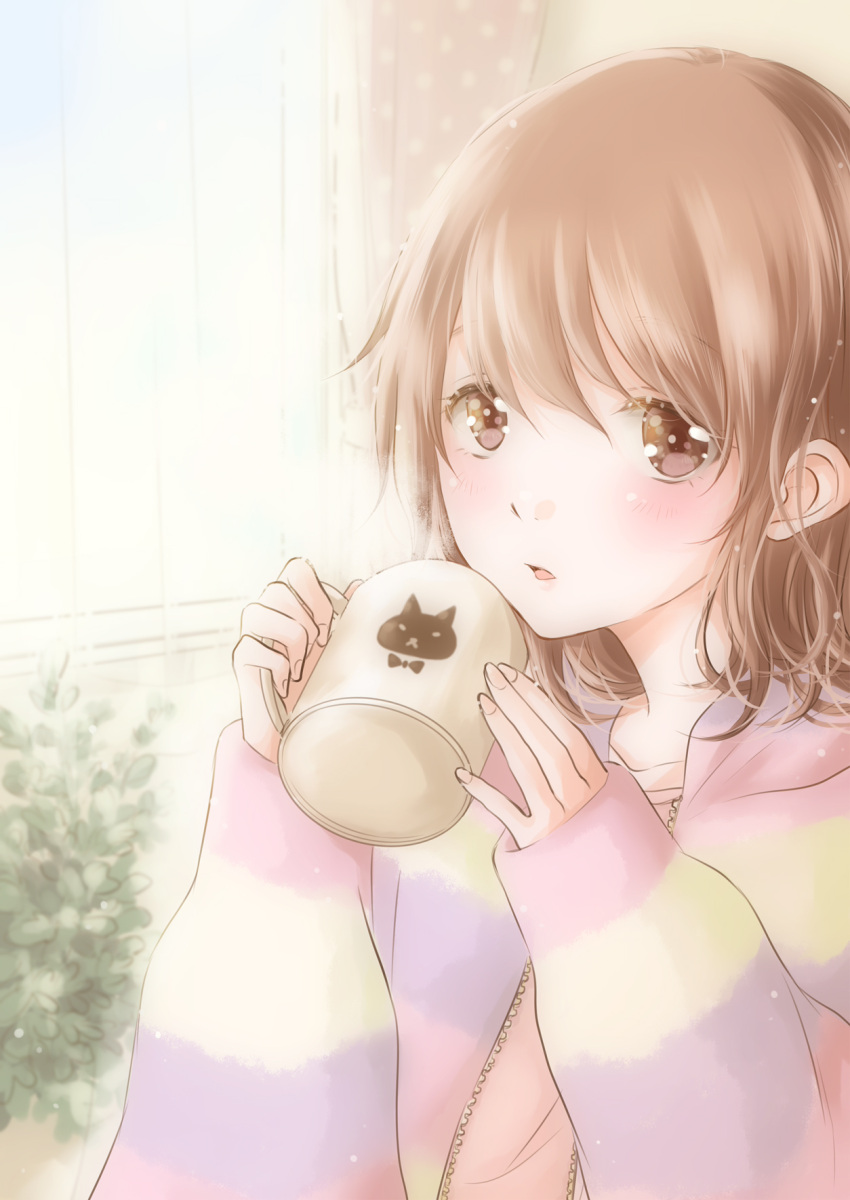 1girl, animal_print, arms_up, bangs, blurry, brown_eyes, bush, cat_print