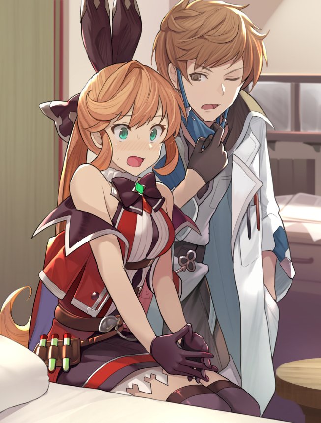 bare_shoulders, bed, black_gloves, black_legwear, black_ribbon, blush, bow, clarisse_(granblue_fantasy)