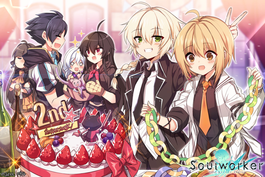 2boys, 4girls, ahoge, anniversary, artist_name, bangs, black_hair, black_jacket, black_neckwear, black_shirt, black_skirt, blonde_hair, blush, breasts, brown_eyes, brown_hair, brown_jacket, cake, closed_eyes, closed_mouth, commentary_request, copyright_name, crossed_arms, erwin_arclight, eyebrows_visible_through_hair, food, fruit, grapes, green_eyes, grin, haru_estia, highres, iris_yuma, jacket, jin_seipatsu, korean_commentary, lily_bloomerchen, long_hair, maett, medium_breasts, miniskirt, multiple_boys, multiple_girls, necktie, octopus, open_clothes, open_jacket, open_mouth, orange, orange_neckwear, oven_mitts, pants, party, pleated_skirt, profile, red_eyes, red_neckwear, school_uniform, shirt, short_hair, skirt, smile, solo, soul_worker, stella_unibell, strawberry, uniform, v, weapon, white_hair, white_shirt