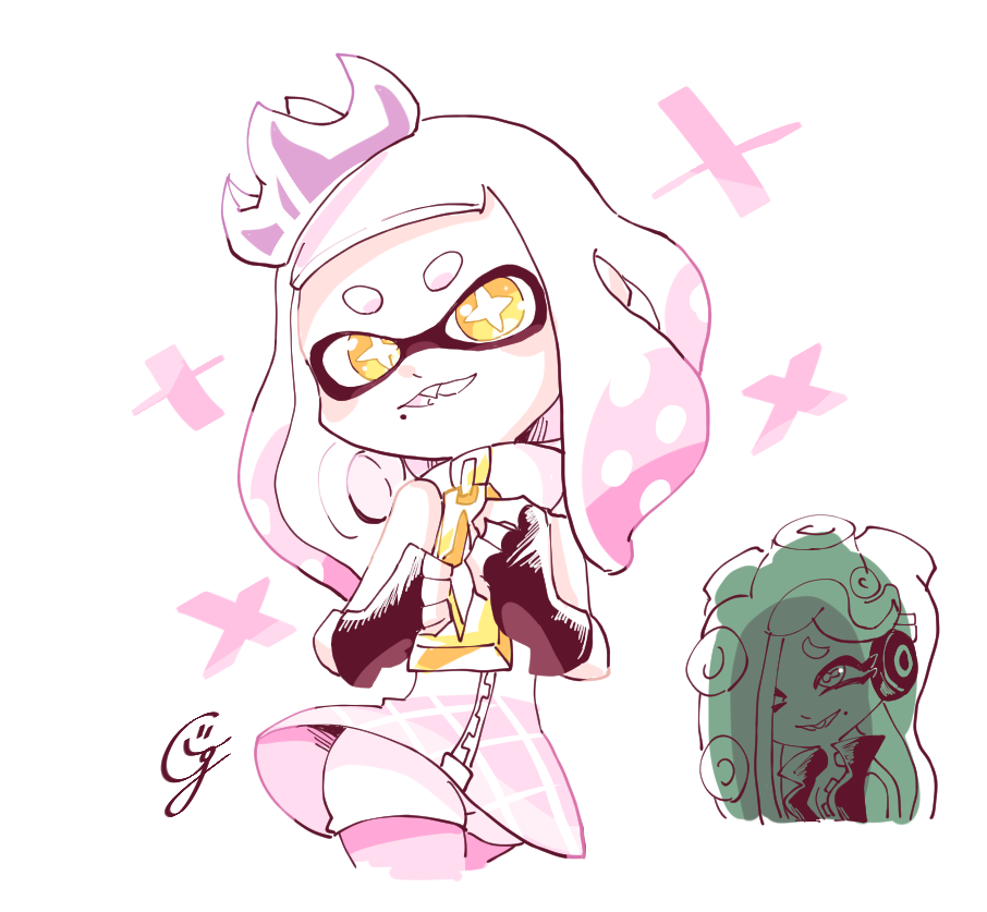 +_+, 2girls, cephalopod_eyes, crown, domino_mask, fang, fingerless_gloves, ggrks05