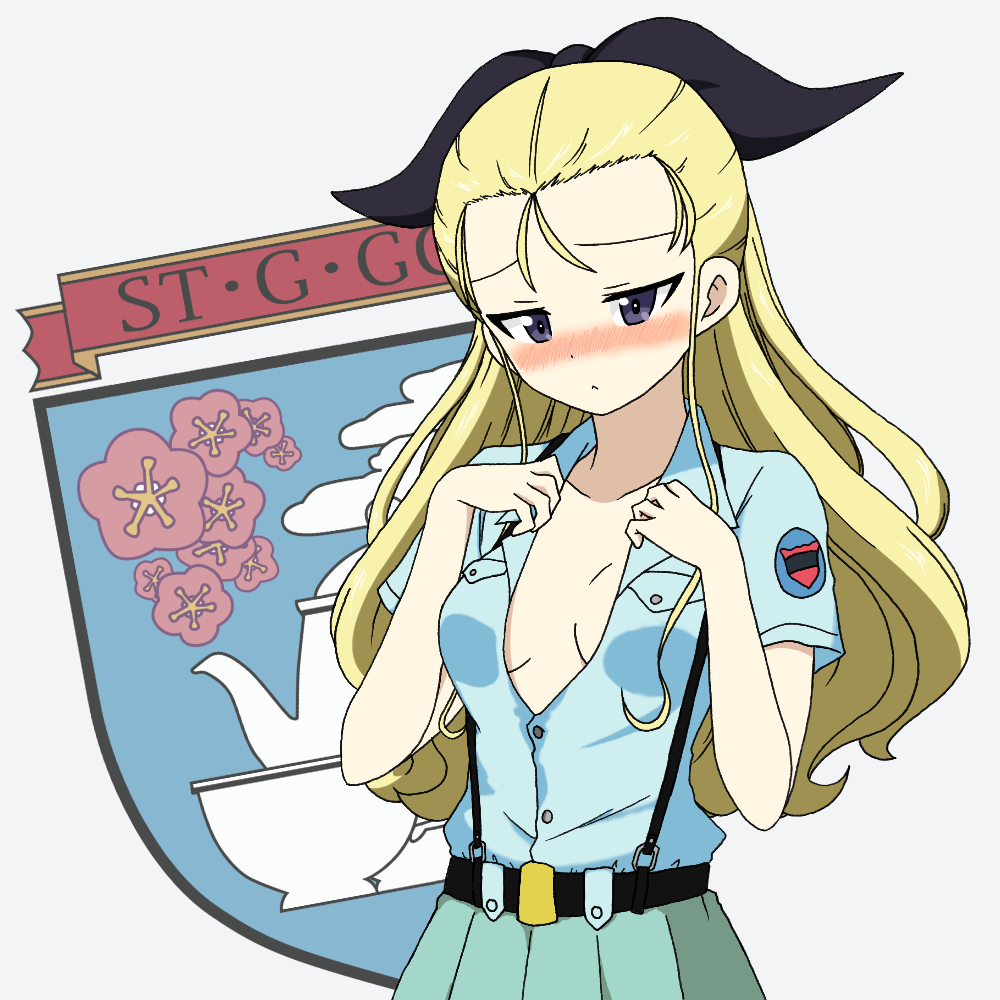 1girl, aoshidan_(emblem), aoshidan_school_uniform, assam, black_ribbon, blonde_hair, blue_eyes, blue_shirt
