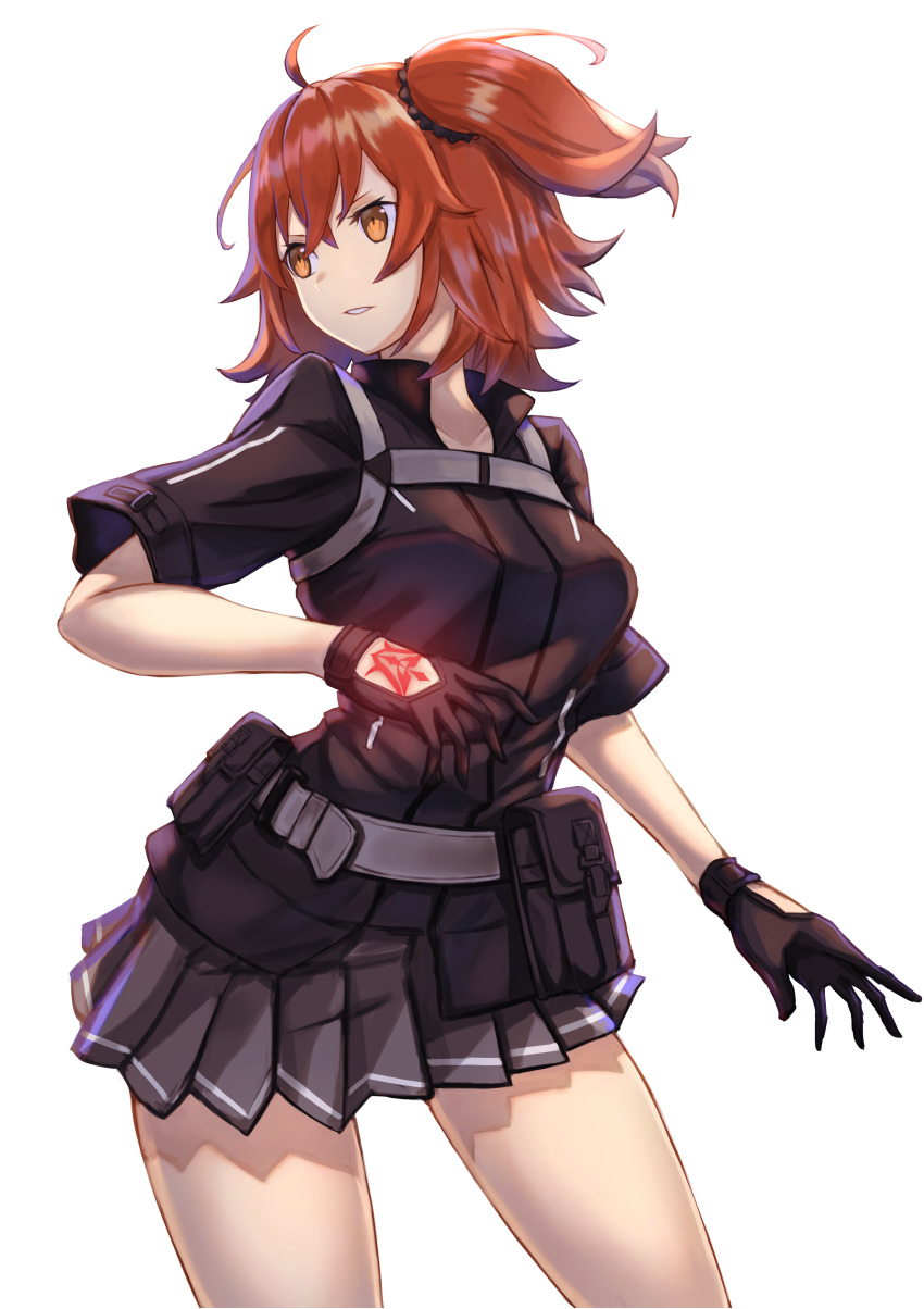 1girl, absurdres, ahoge, black_gloves, black_scrunchie, black_shirt, brown_hair, contrapposto