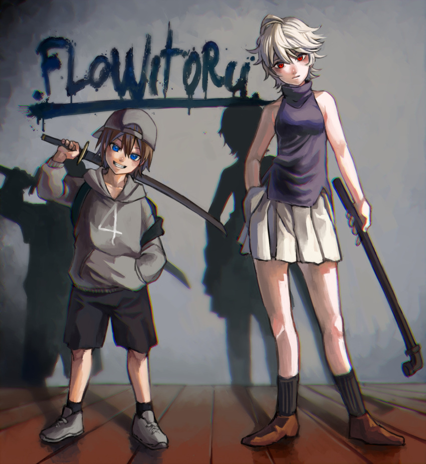 .flow, 1boy, 1girl, arm_up, backpack, backwards_hat, bag, bangs