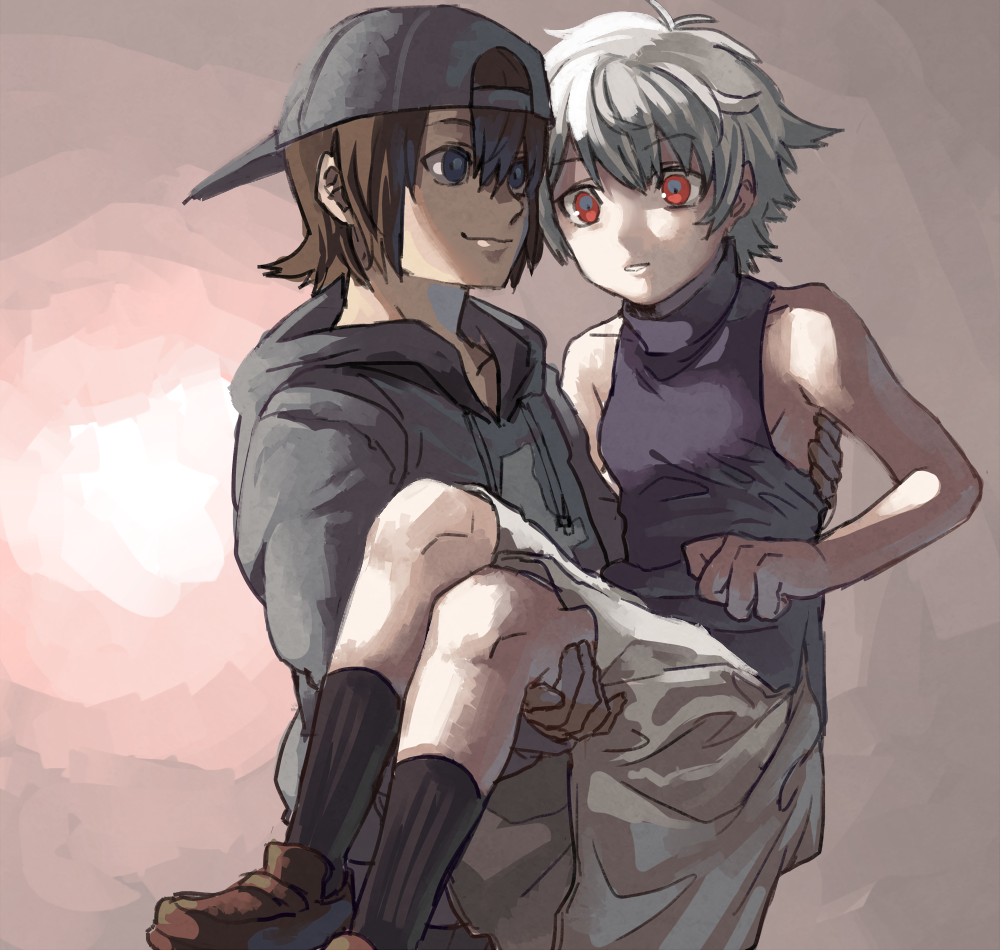 .flow, 1boy, 1girl, bad_id, bad_twitter_id, breasts, sabitsuki, short_hair