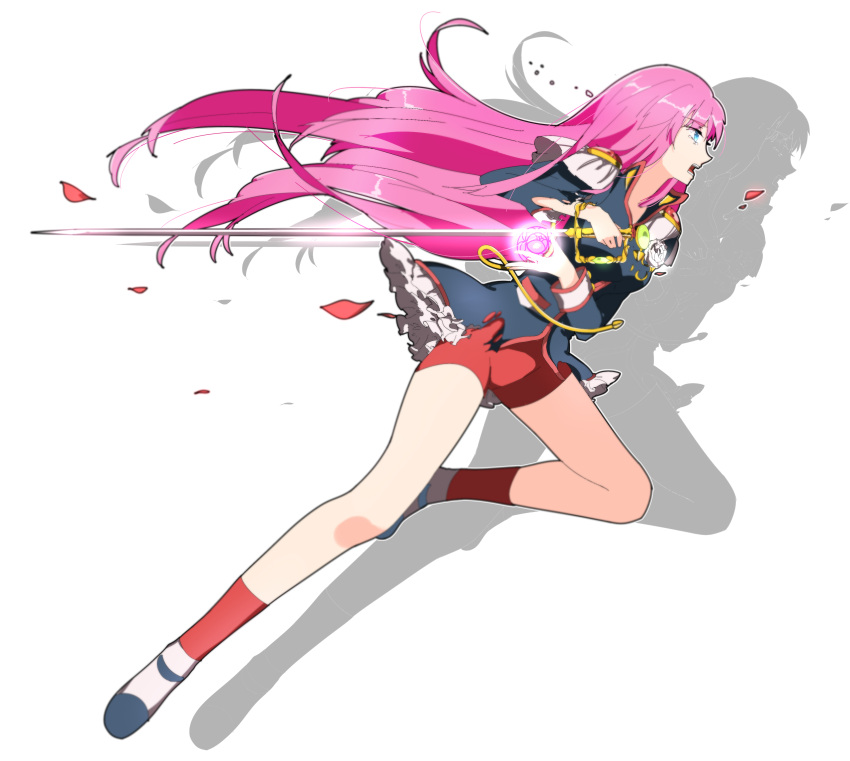 1girl, absurdres, bike_shorts, black_jacket, blue_eyes, character_request, floating_hair, from_side