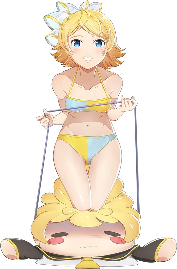 1girl, bikini, blonde_hair, blue_eyes, blush, breasts, collarbone, full_body
