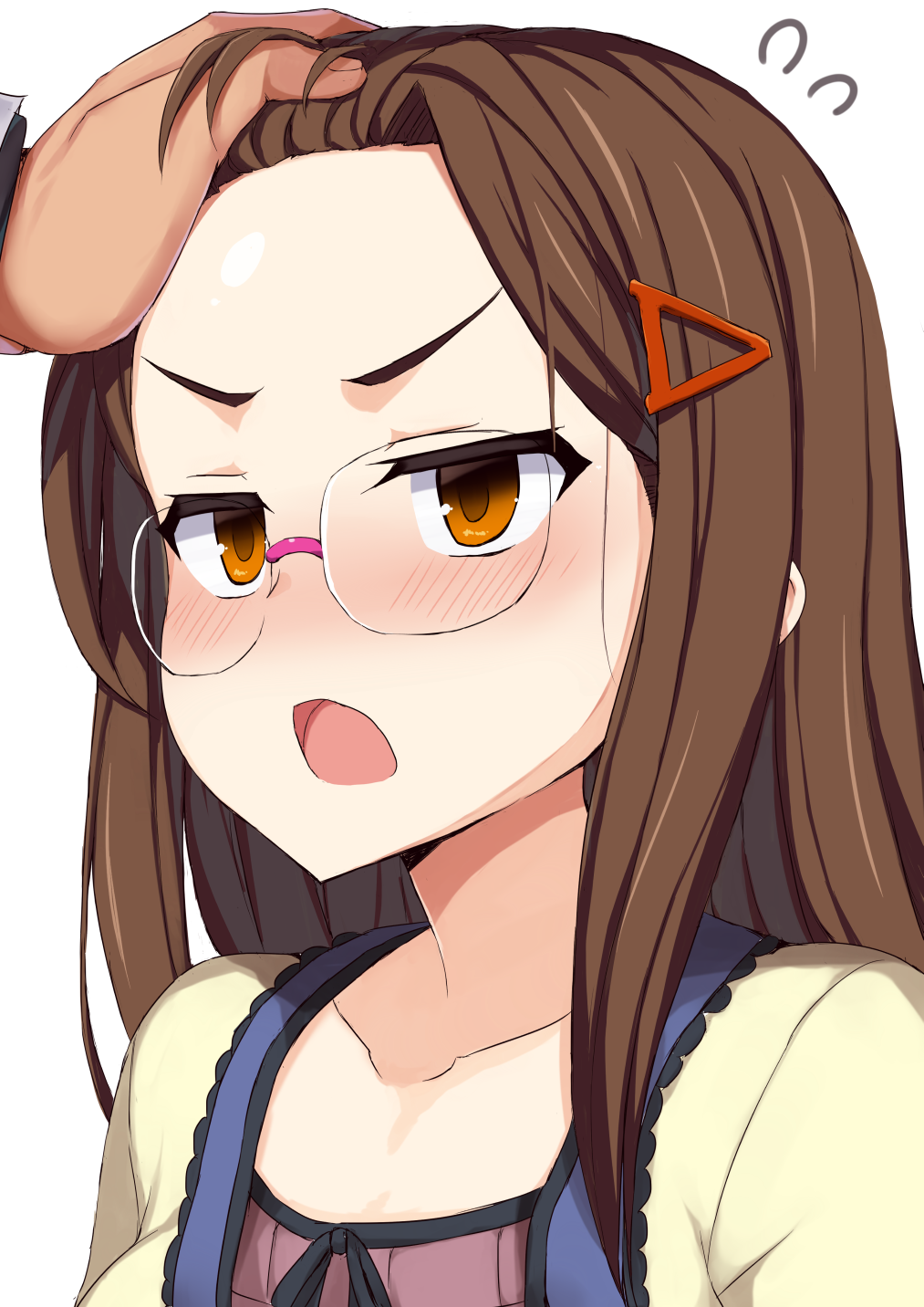 1boy, 1girl, blush, brown_hair, collarbone, face, flying_sweatdrops, frown