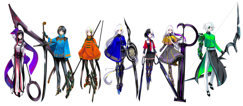 3boys, 4girls, absurdly_long_hair, absurdres, androgynous, asymmetrical_clothes, black_hair, black_legwear
