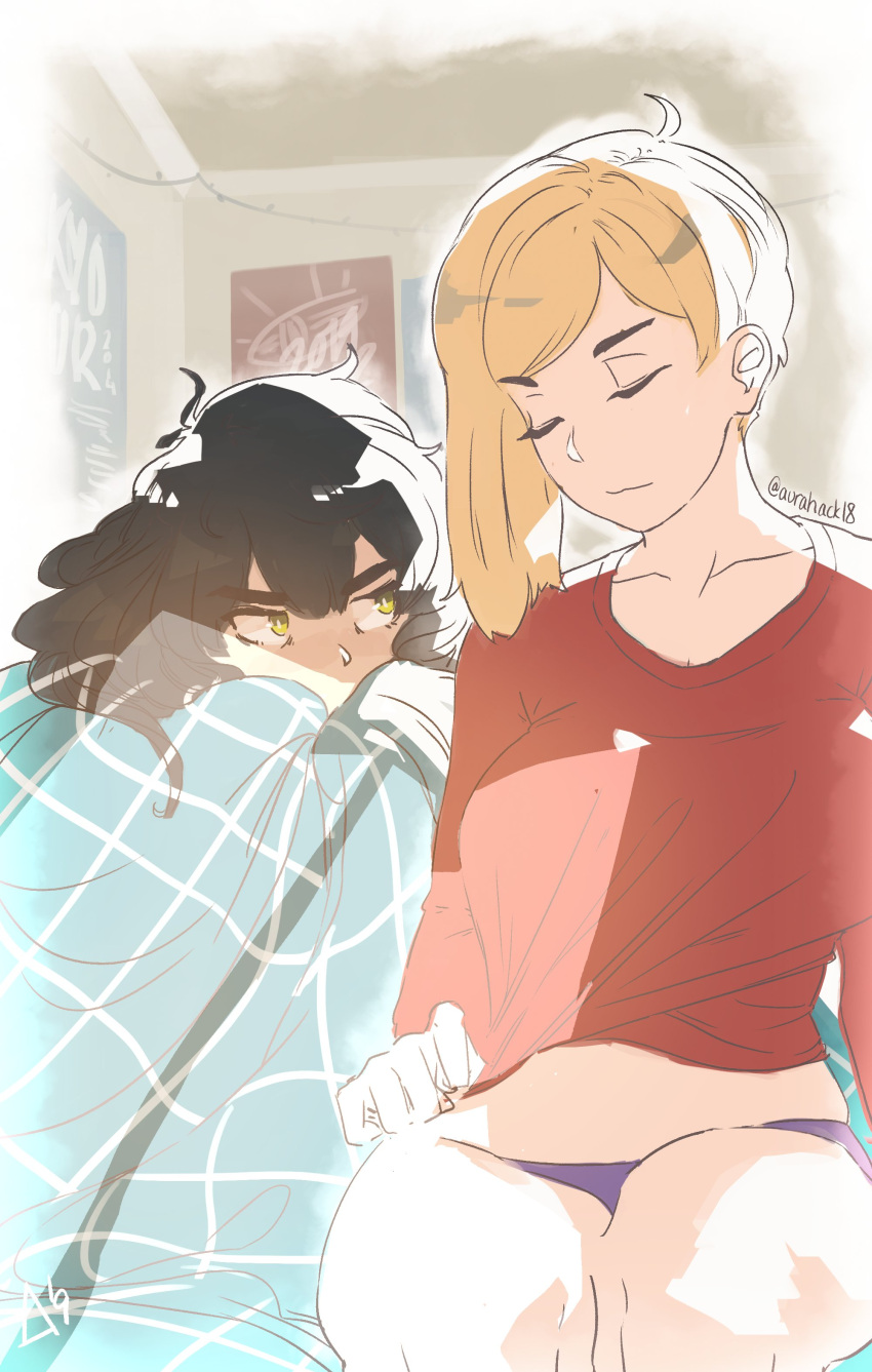 2girls, absurdres, asymmetrical_hair, black_hair, blanket, blanket_hug, blonde_hair, breasts, closed_eyes, commentary, couple, dressing, english_commentary, erica_june_lahaie, highres, long_hair, medium_breasts, multiple_girls, original, panties, purple_panties, sleepy, sweater, thick_eyebrows, thighs, underwear, yellow_eyes, yuri
