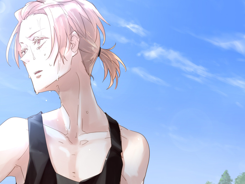 1boy, blonde_hair, blue_sky, collarbone, day, freckles, hair_tie, hiwomushi, kashiwazaki_akane, kaze_ga_tsuyoku_fuiteiru, looking_away, male_focus, outdoors, parted_lips, short_ponytail, sky, solo, standing, sweat, track_uniform, tree, upper_body