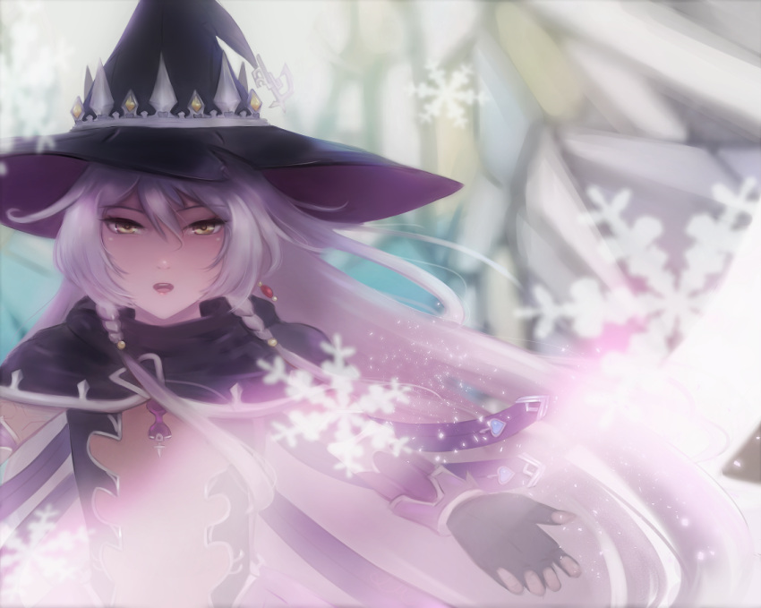 1girl, black_cape, black_gloves, black_hat, blurry, blurry_background, braid, brown_eyes