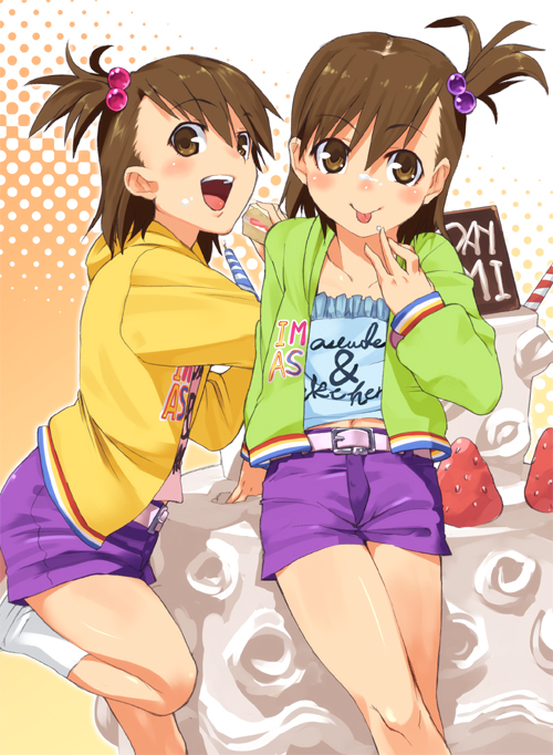 ami_futami, belt, blush, flat_chest, food, fruit, futami_ami, futami_mami, hair_bobbles, hair_ornament, idolmaster, loli, mami_futami, pastry, short_hair, shue, siblings, side_ponytail, skirt, strawberry, twins