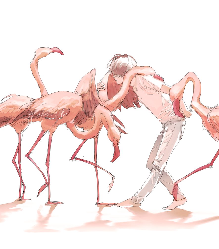 1boy, animal, arm_at_side, artist_name, barefoot, bird, black_hair, commentary