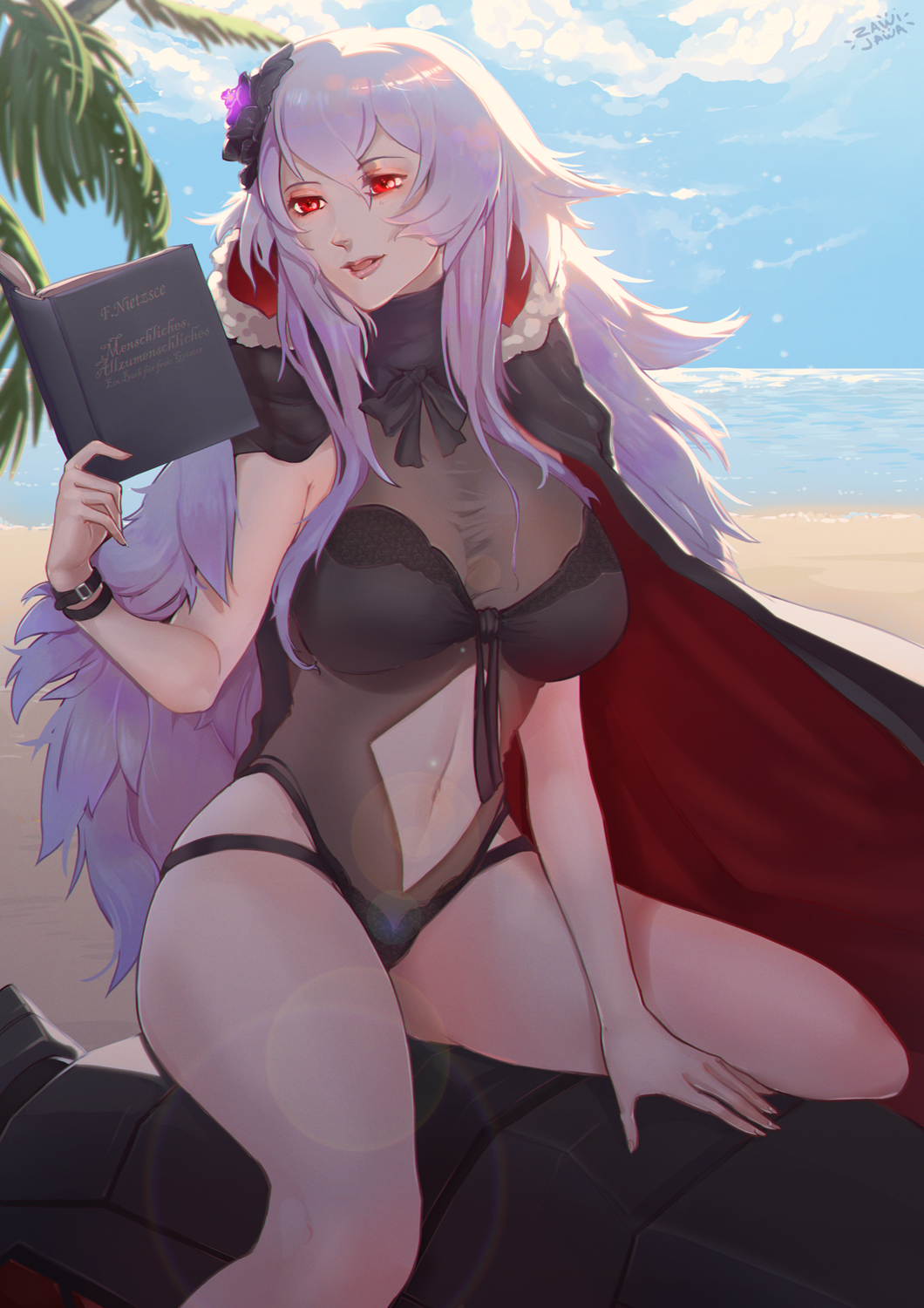 1girl, azur_lane, bangs, beach, blue_sky, book, breasts, cape, center_opening, cleavage, clouds, cloudy_sky, commentary, english_commentary, eyebrows_visible_through_hair, flower, fur_trim, graf_zeppelin_(azur_lane), hair_between_eyes, hair_flower, hair_ornament, highres, holding, holding_book, large_breasts, long_hair, navel, ocean, one-piece_swimsuit, open_mouth, outdoors, palm_tree, pink_lips, red_eyes, signature, silver_hair, sky, solo, swimsuit, tree, wristband, zawijawa