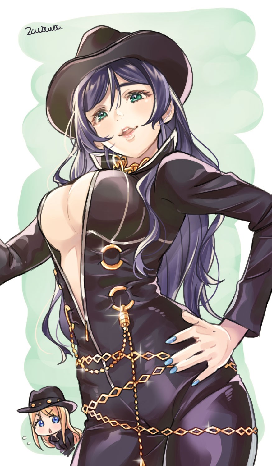 2girls, artist_name, ayase_eli, ayase_eli_(cosplay), bibi_(love_live!), black_bodysuit, black_hat, blonde_hair