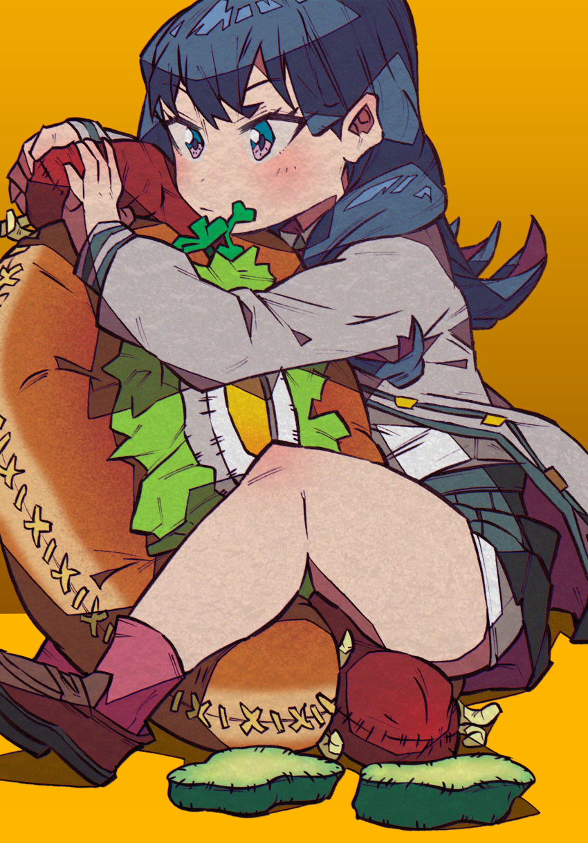 1girl, absurdres, bangs, black_skirt, blue_hair, brown_footwear, food, highres